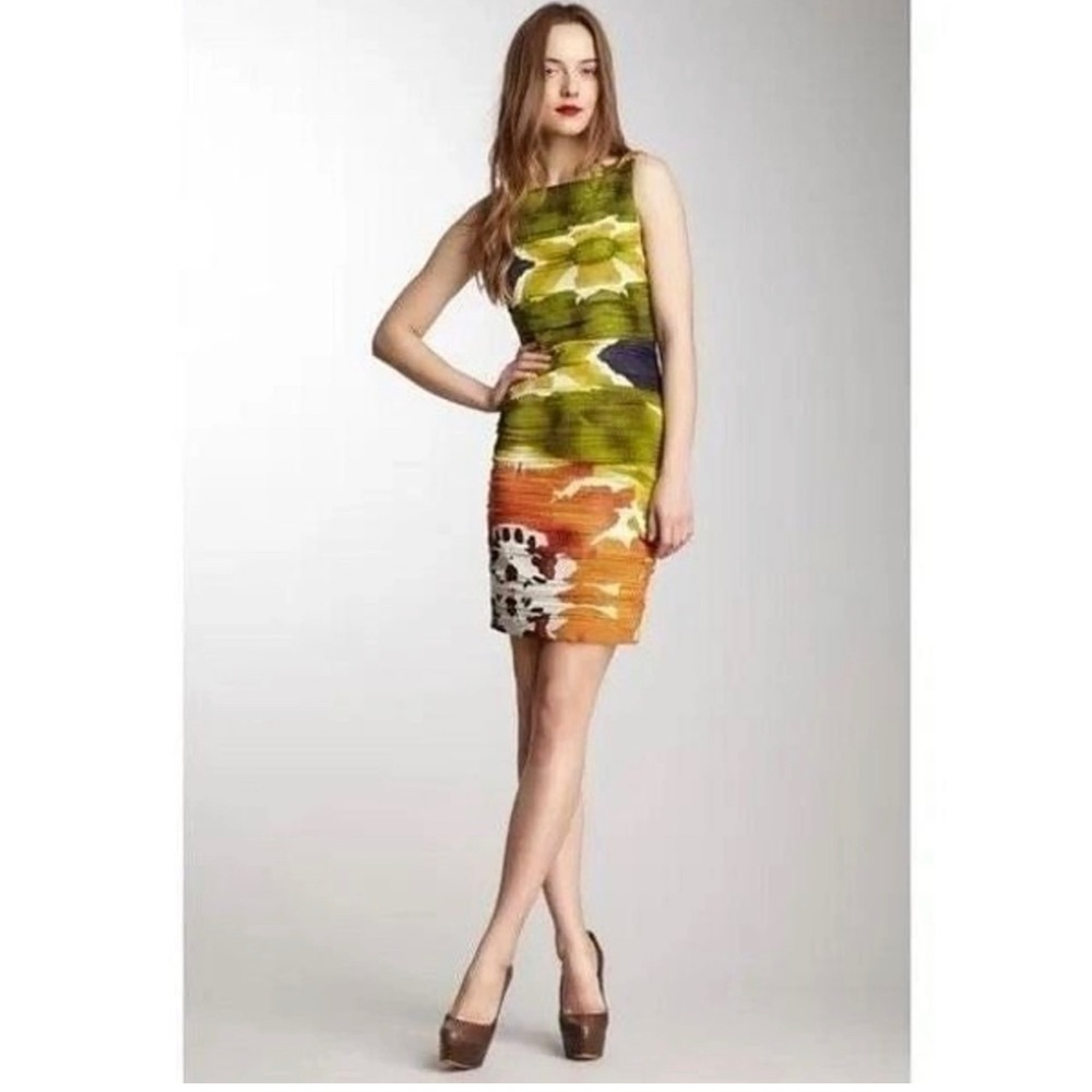Alice + Olivia Valerie Silk Ruched Mesh Orange White Green Sleeveless Dress SZ 6
